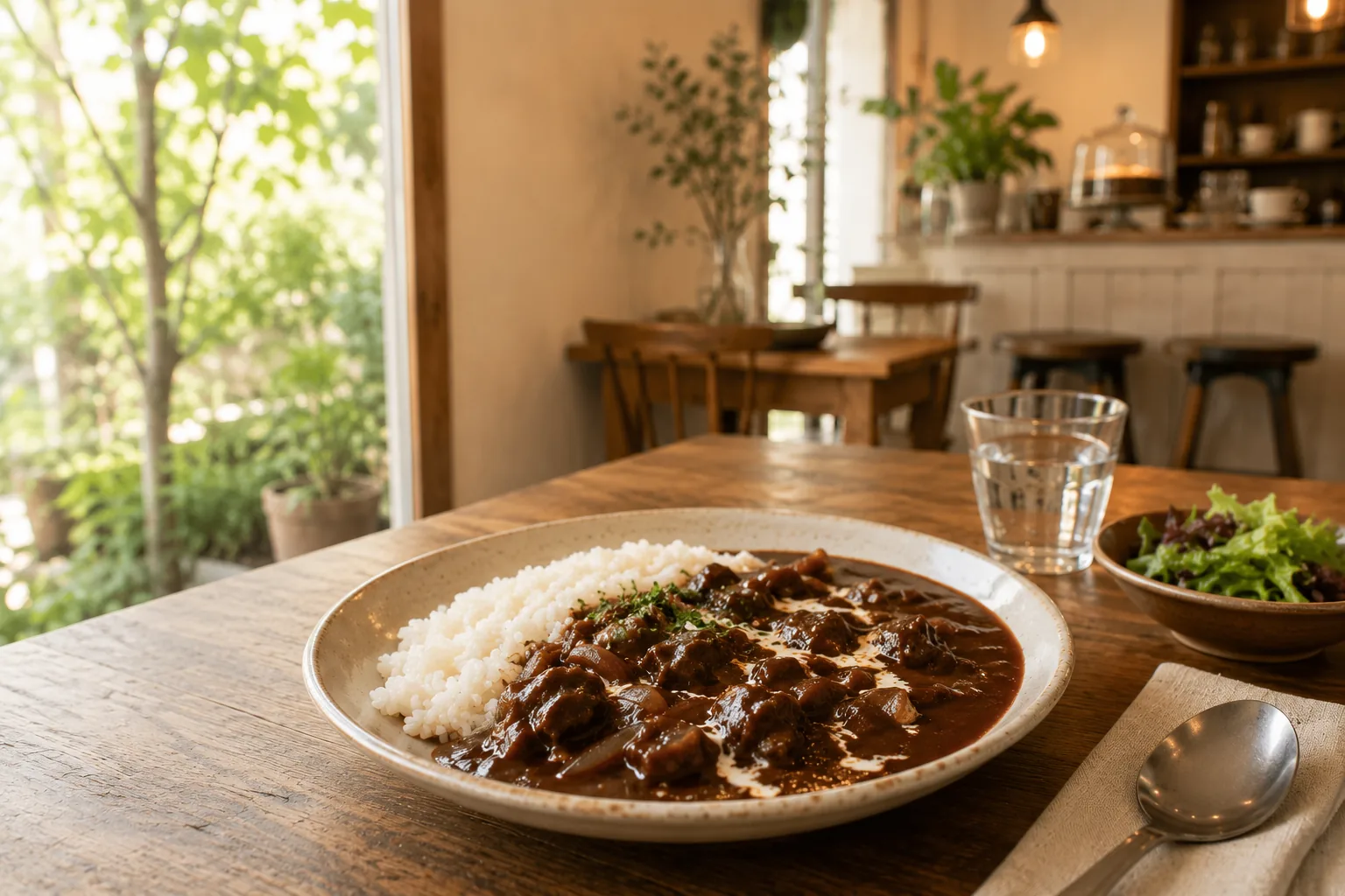 ハヤシライスを手前に置いた、緑が見える小さなカフェの店内